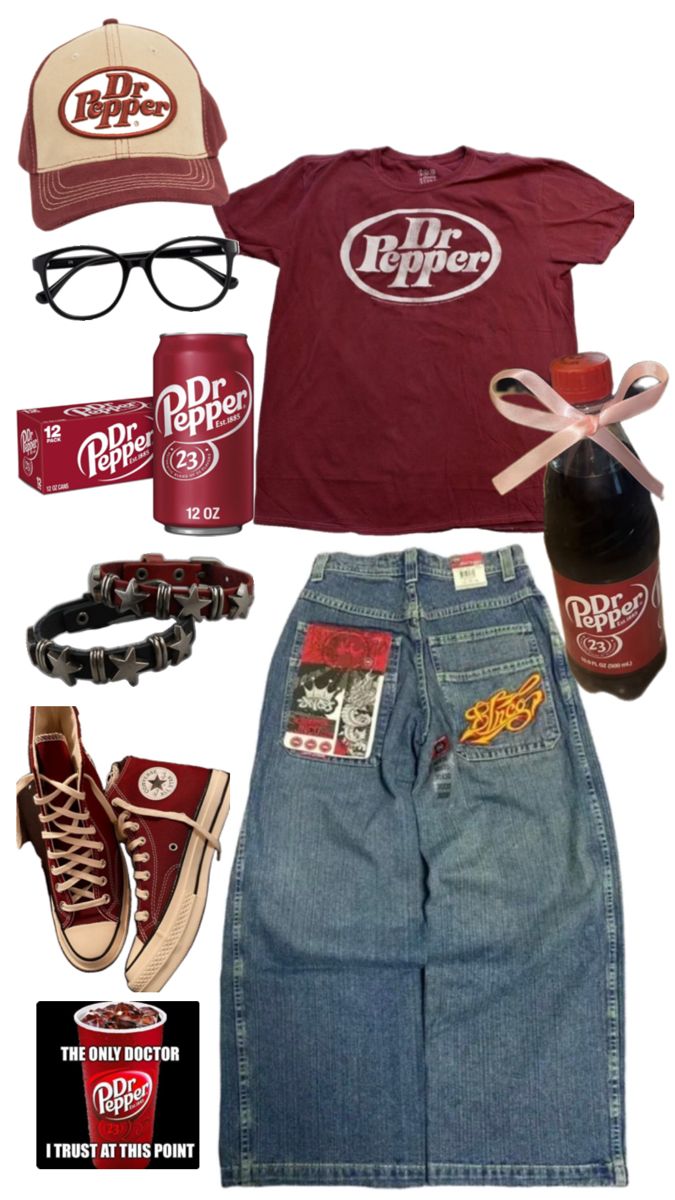 dr pepper tee, baggy jeans, dr pepper cap, red and black bracelets, red converse, dr pepper 4 life. Outfit Ideas Shirt, Shirt Outfit Ideas, Shirt Design Ideas, Street Style Outfits Casual, Baggy Outfit Ideas, Silly Clothes, Outfit Inspo Casual, Dr Pepper, Swaggy Outfits