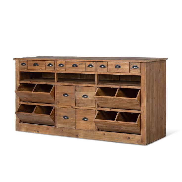 a large wooden cabinet with drawers on top