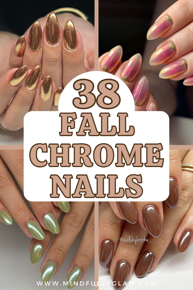 fall chrome nails Fall Chrome Nails With Design, Neutral Fall Nails Chrome, Fall Nails Chrome Brown, Designs On Chrome Nails, Fall Chrome Nails Almond, Fall Chrome Ombre Nails, Holiday Nails With Chrome, Autumnal Chrome Nails, Fall Nail Ideas Chrome