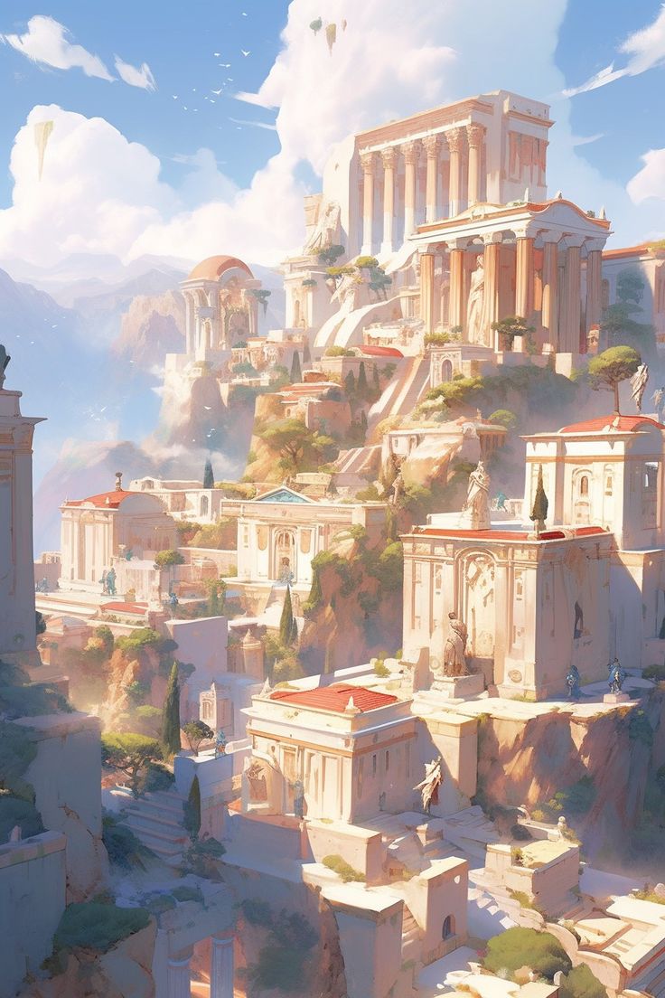 a painting of an ancient city on top of a mountain