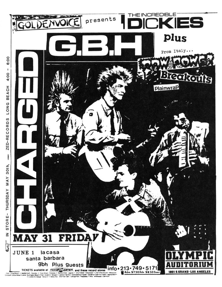 an old concert poster with the band's name in black and white on it