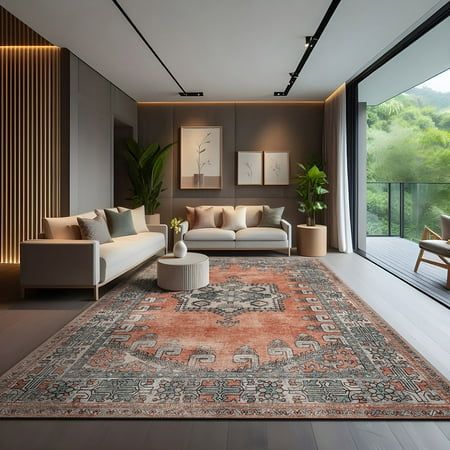 a living room filled with furniture and a large rug