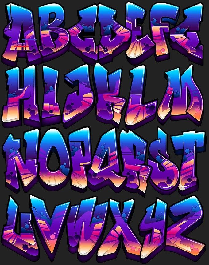 some type of graffiti font that is very colorful and has been changed to be blue, purple