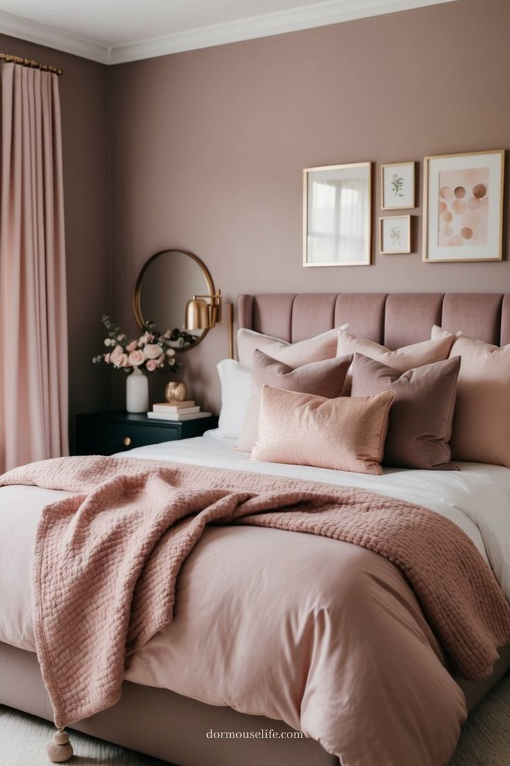 a bed with pink sheets and pillows in a bedroom next to two framed pictures on the wall