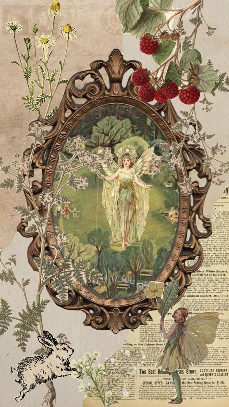 an altered collage with cherubs, raspberries and flowers