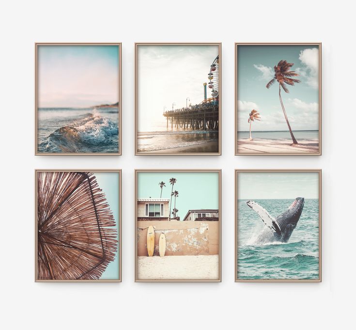 four framed pictures with different images of the ocean