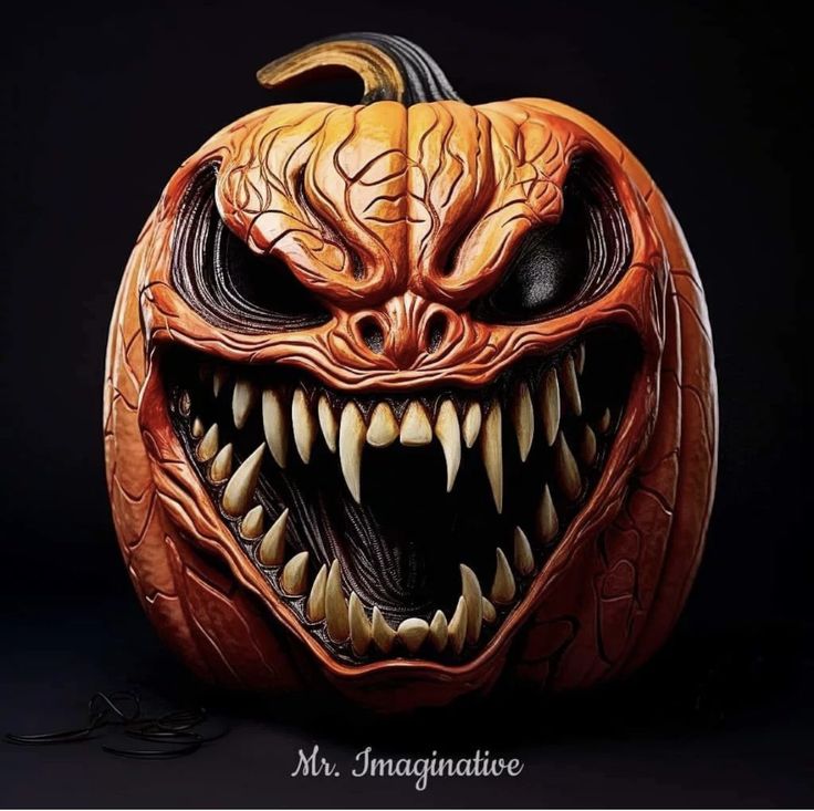 a carved pumpkin with teeth and fangs on it's face is shown in front of a black background