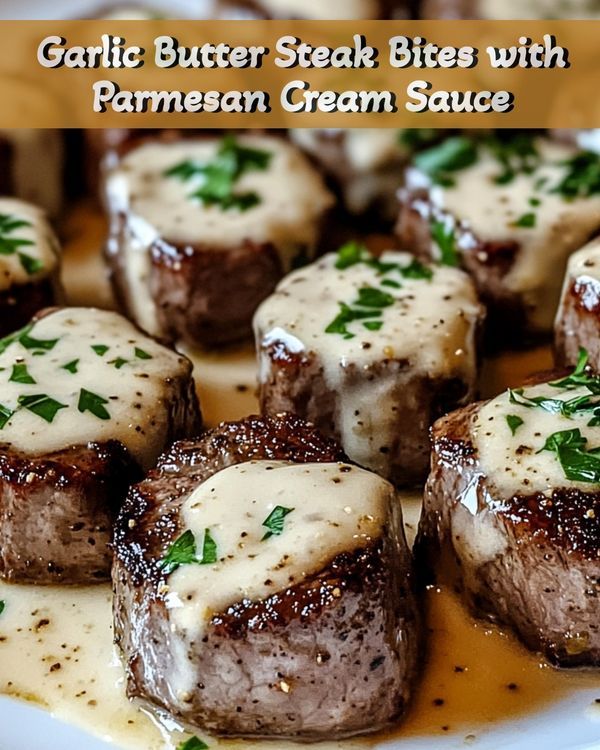 garlic butter steak bites with parmesan cream sauce served on a white platter