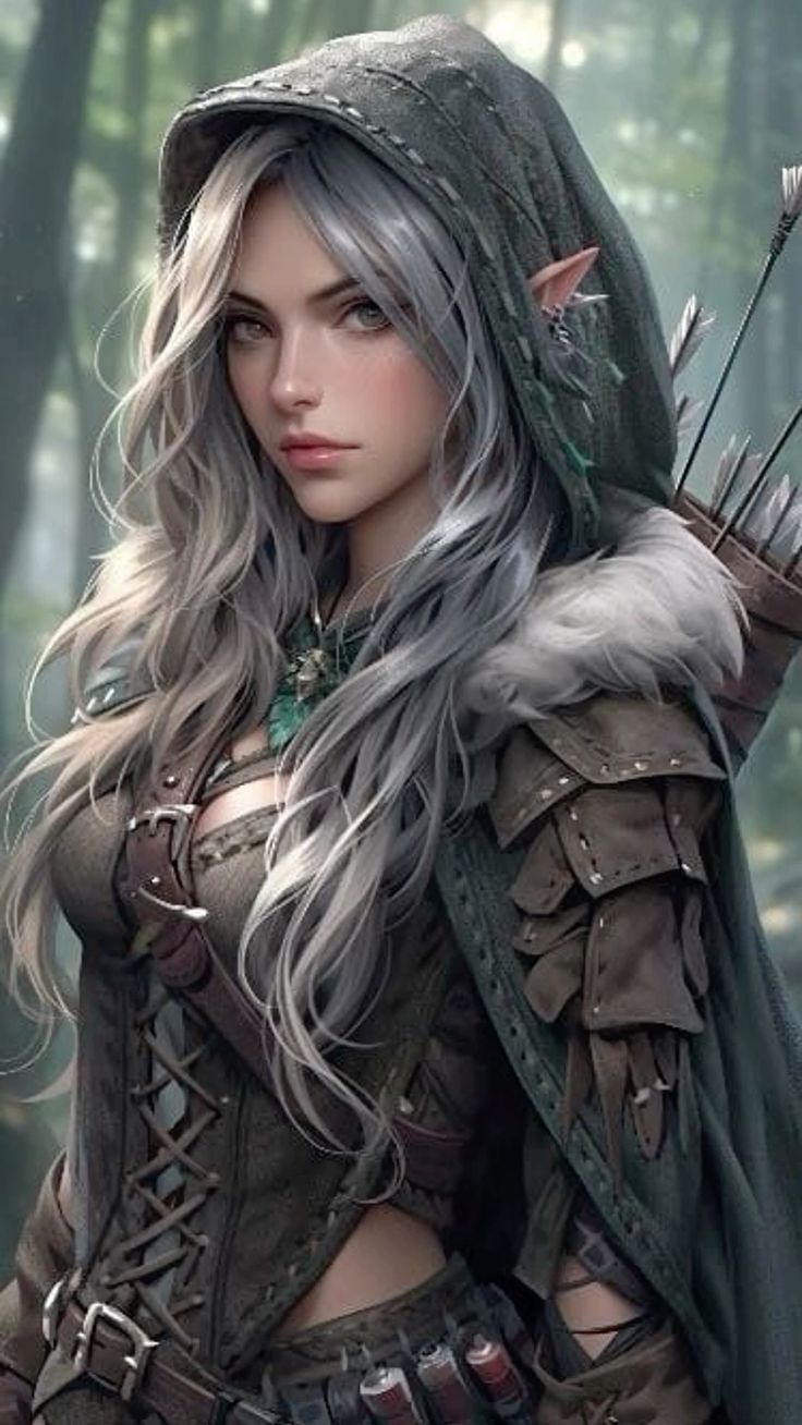 a woman with long gray hair wearing a hoodie and holding arrows in her hand