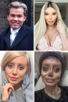 four different photos of people with fake heads