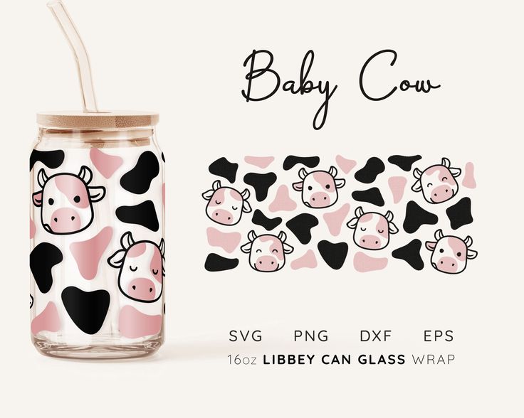 a baby cow pattern on a pink and black glass with straw in the bottom, next to it's lid