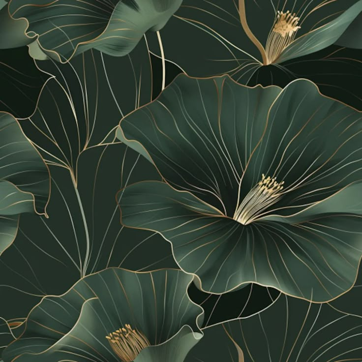 green flowers with gold leaves on a black background, seamless wallpaper or fabric