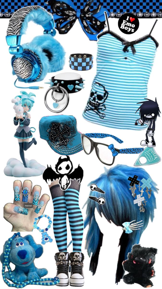 alternative blue scene emo outfit clothing collage Scene Clothing, Scene Kandi, Emo Scene Outfits, Silly Clothes, Scene Core, Scene Queens, Scene Outfits, Scene Fashion, Funky Outfits