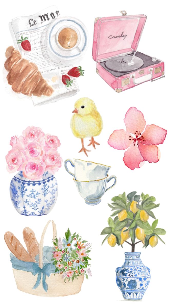 watercolor painting of flowers, bread and other items on a white background with the words c & m