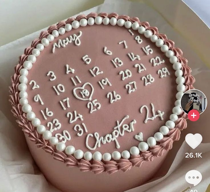 a pink cake with white frosting and numbers on it