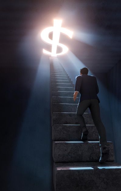 a man walking up some stairs with a lit dollar sign on it