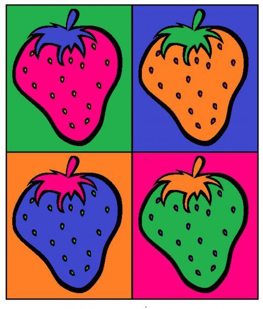 four different colored strawberries in squares