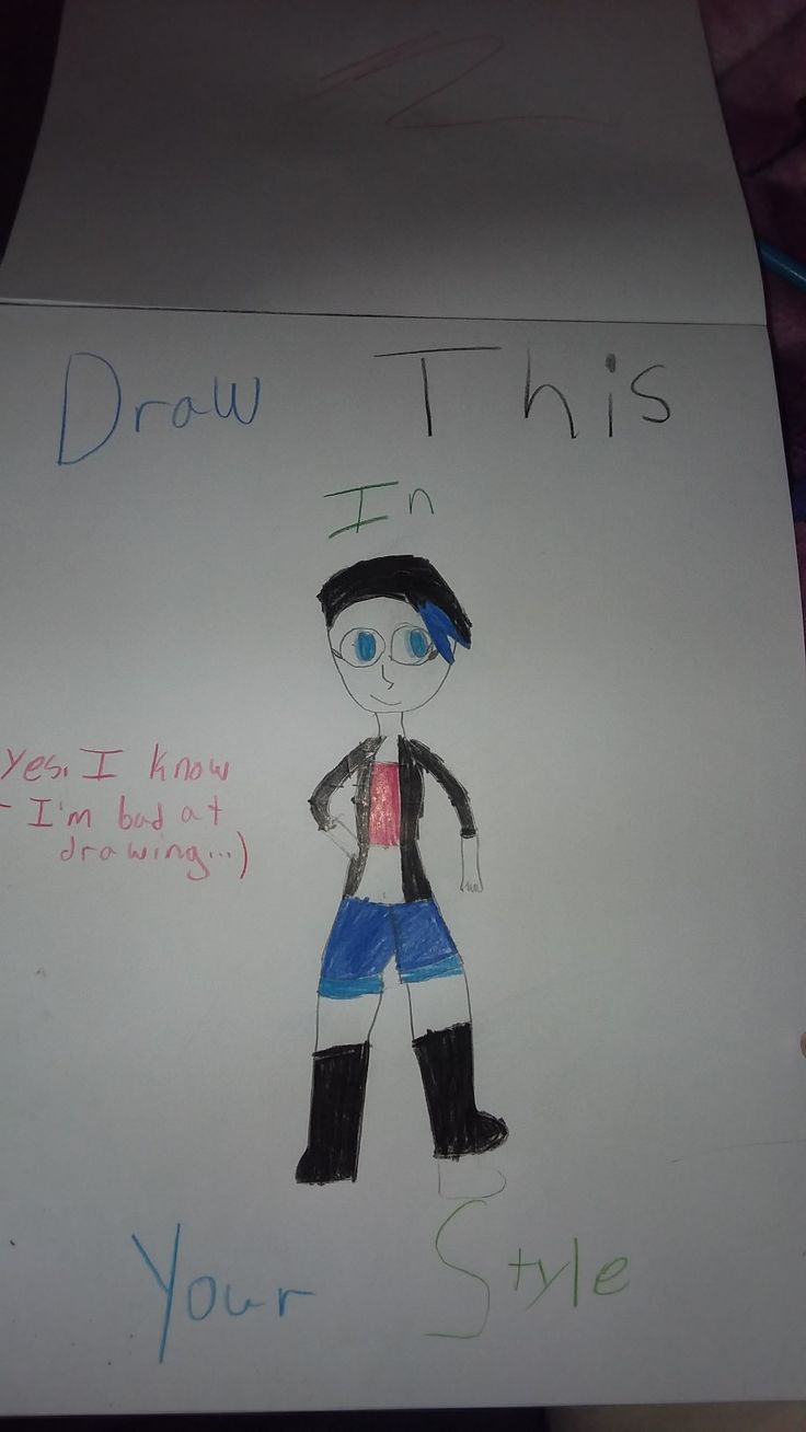 a child's drawing of a boy in blue and white pants with the words draw this on it