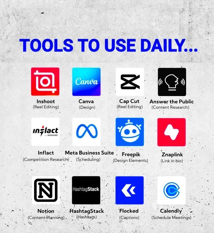 an advertisement with many different types of social media logos on it and the words tools to use daily