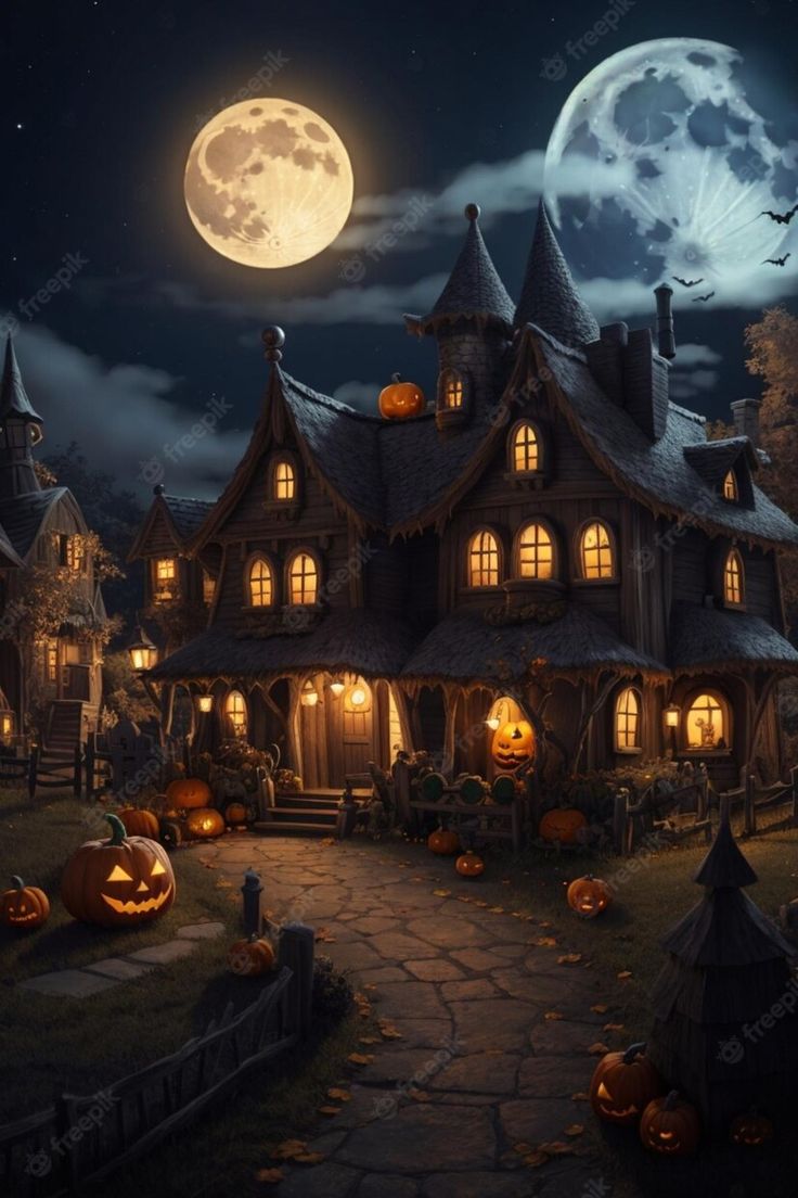 an image of a halloween house with pumpkins on the ground and full moon in the background