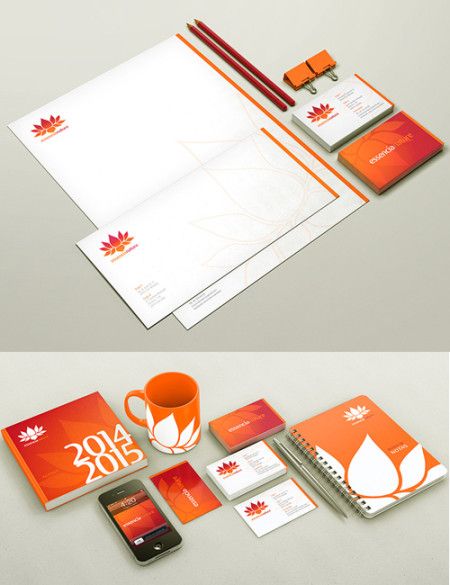 an orange and white stationery set is shown