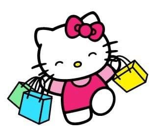 a hello kitty with shopping bags and a bow on her head is holding a bag