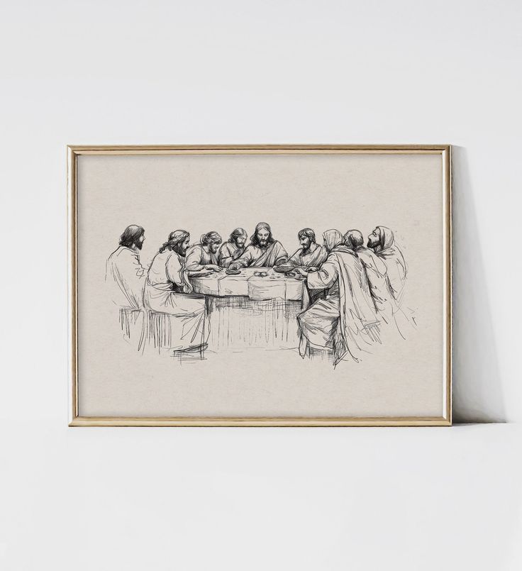 a drawing of people sitting at a table with one person holding the other's hand