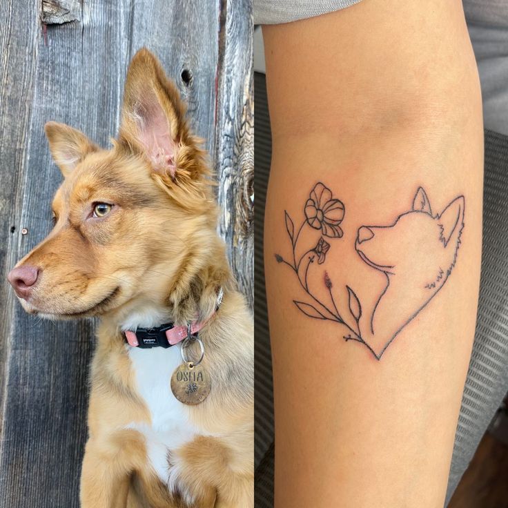 Dog tattoo with birth flower Flower Dog Tattoo Ideas, Dog And Flower Tattoo Minimalist, Cute Tattoos For Your Dog, Memorial Animal Tattoos, Cute Dog Memorial Tattoo, Dog Tattoo Ideas With Flowers, Tattoo Ideas For A Dog, Flowers And Dog Tattoo, Dog Silhouette Tattoo With Flowers