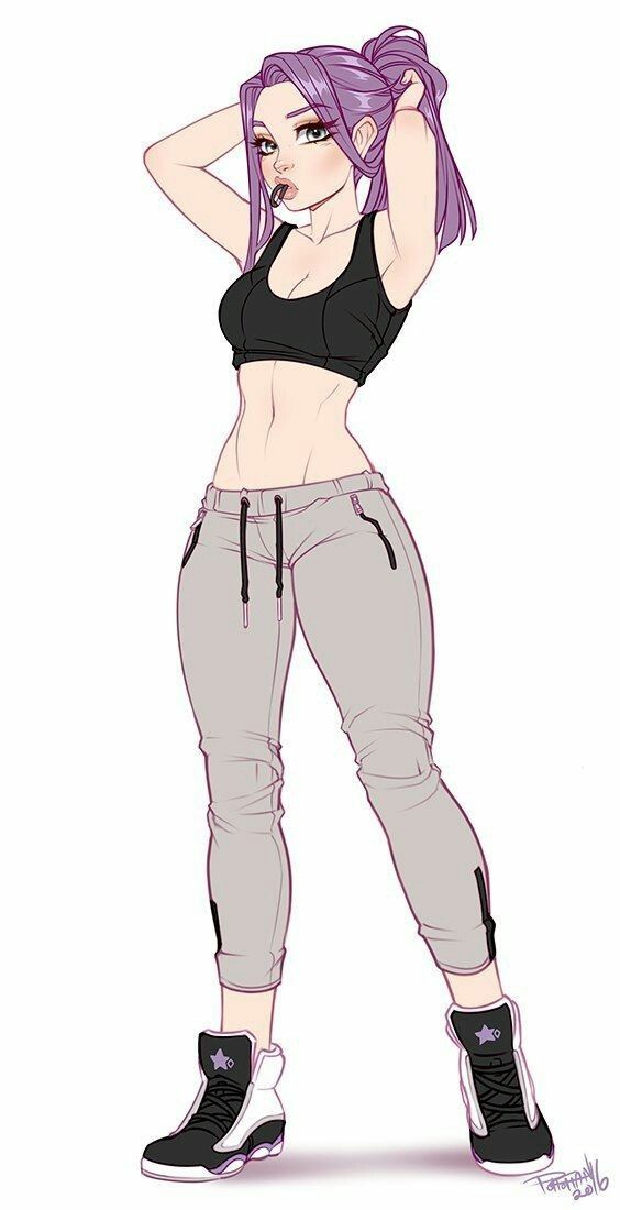 a drawing of a woman with purple hair and black shoes, wearing grey sweatpants