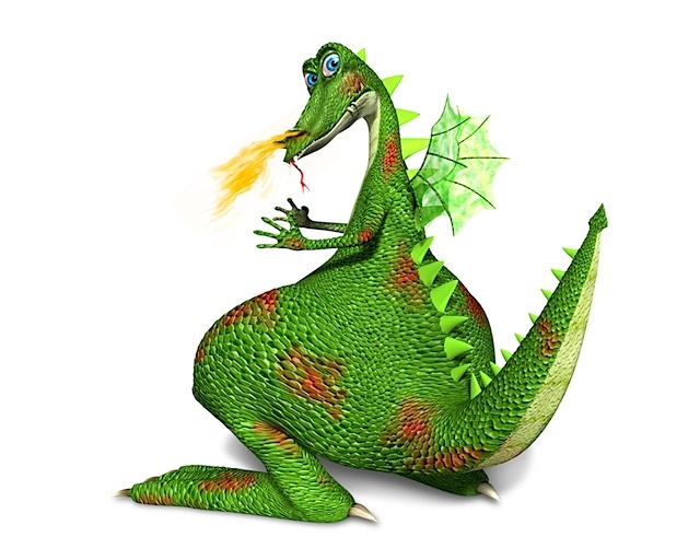 a green and red dragon sitting on the ground with its wings spread out, holding a yellow object in it's mouth