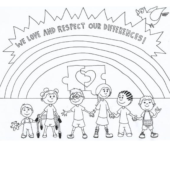 a coloring page with children holding hands and the words we love and respect our differences