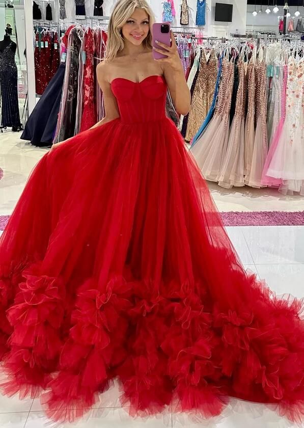 Strapless Party Ball Gown With Ruffles, Organza Floor-length Ball Gown, Organza Ball Gown For Prom Floor-length, Evening Organza Ball Gown, Floor-length Organza Evening Dress For Prom, Organza Ball Gown For Evening, Prom Season Organza Ball Gown With Sweep Train, Strapless Organza Ball Gown For Prom, Organza Evening Dress For Debutante Ball And Prom Season