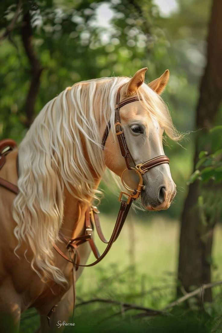 a white horse with blonde hair standing in the woods