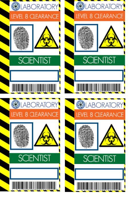 four labels that say scientist level 8 and laboratory level 3, each with a fingerprint on