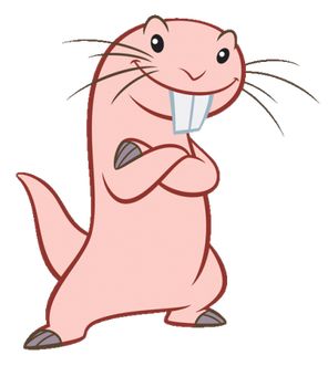 an image of a cartoon animal that is smiling and holding something in his mouth with both hands