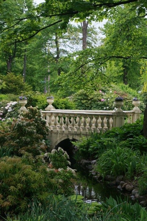 a bridge in the middle of a lush green park with lots of trees and bushes