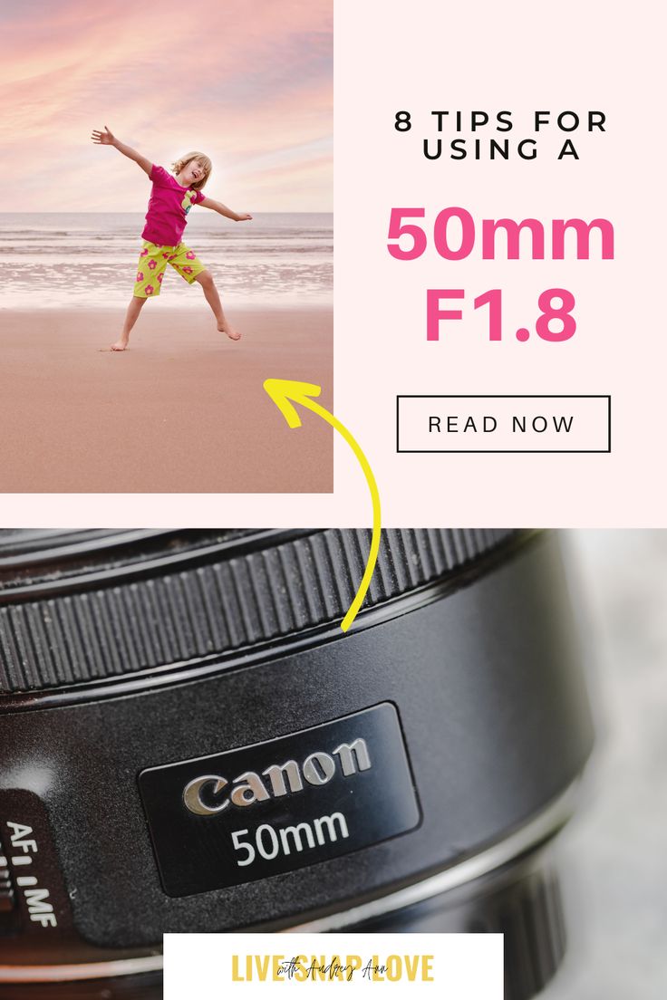 a woman jumping up into the air in front of a camera with text reading 8 tips for using a 50mm f / 1 8 lens read now