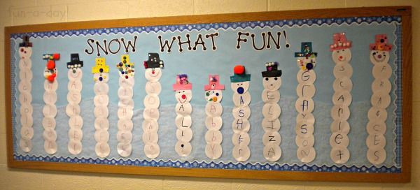 a bulletin board with snowmen on it