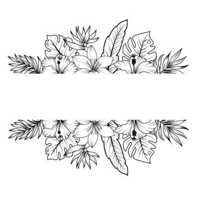 flowers and leaves are drawn in black ink on a white background with space for text