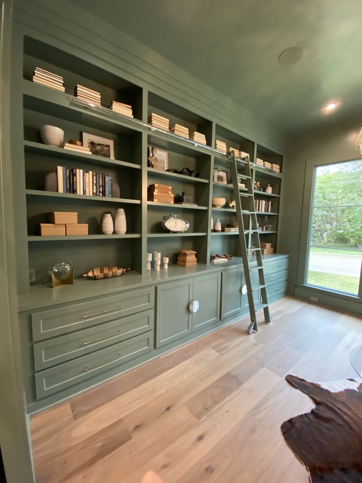 a living room filled with lots of green bookshelves next to a large window