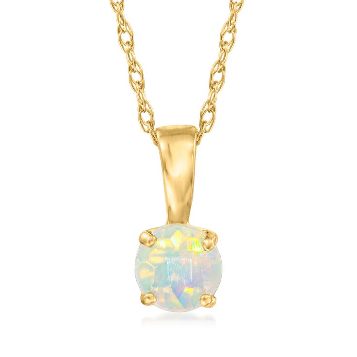 Ross-Simons - Opal Pendant Necklace in 14kt Yellow Gold. 18". RS Pure. Modern designs that complete your outfit and complement your personality. Create unique layers with this dainty necklace. Crafted in polished 14kt yellow gold, the 4mm opal pendant suspends from a simple rope chain. Springring clasp, opal pendant necklace. Opal birthstones are the perfect gift for October birthdays. October Birthdays, Opal Birthstone, Necklace Opal, Opal Pendant Necklace, Yellow Gold Jewelry, Jewelry Essentials, Opal Pendants, Opal Necklace, Fine Jewellery Necklace