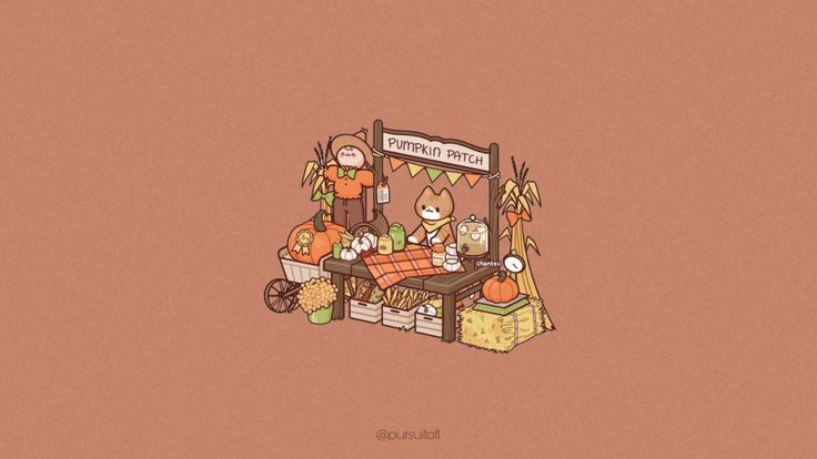 an illustration of people sitting at a table with pumpkins and other things on it