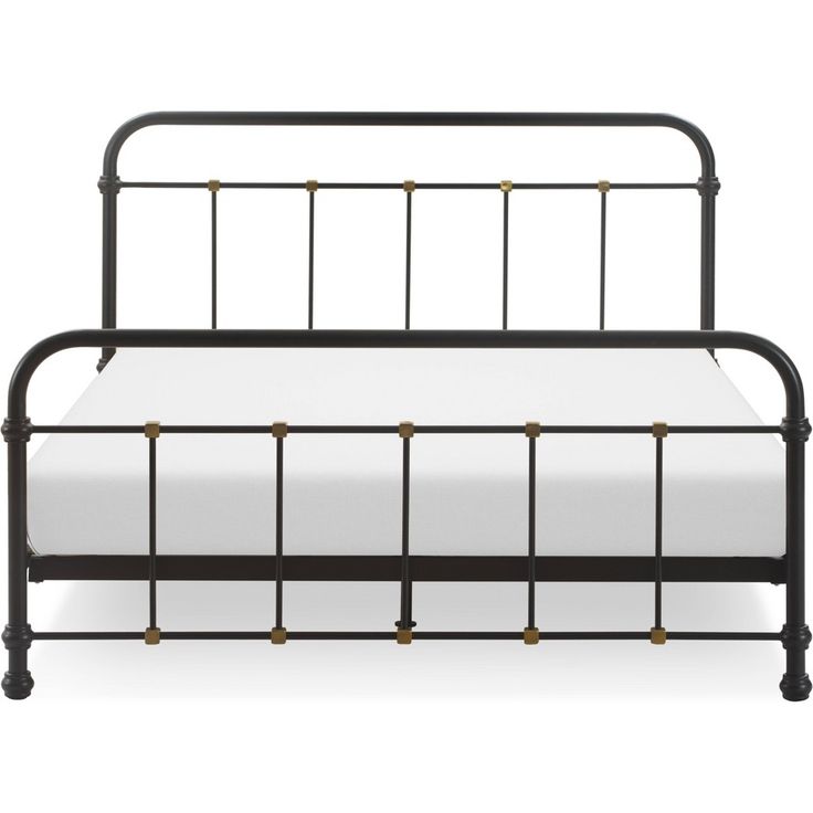 a black metal bed frame with white sheets and gold studded headboard on an isolated white background