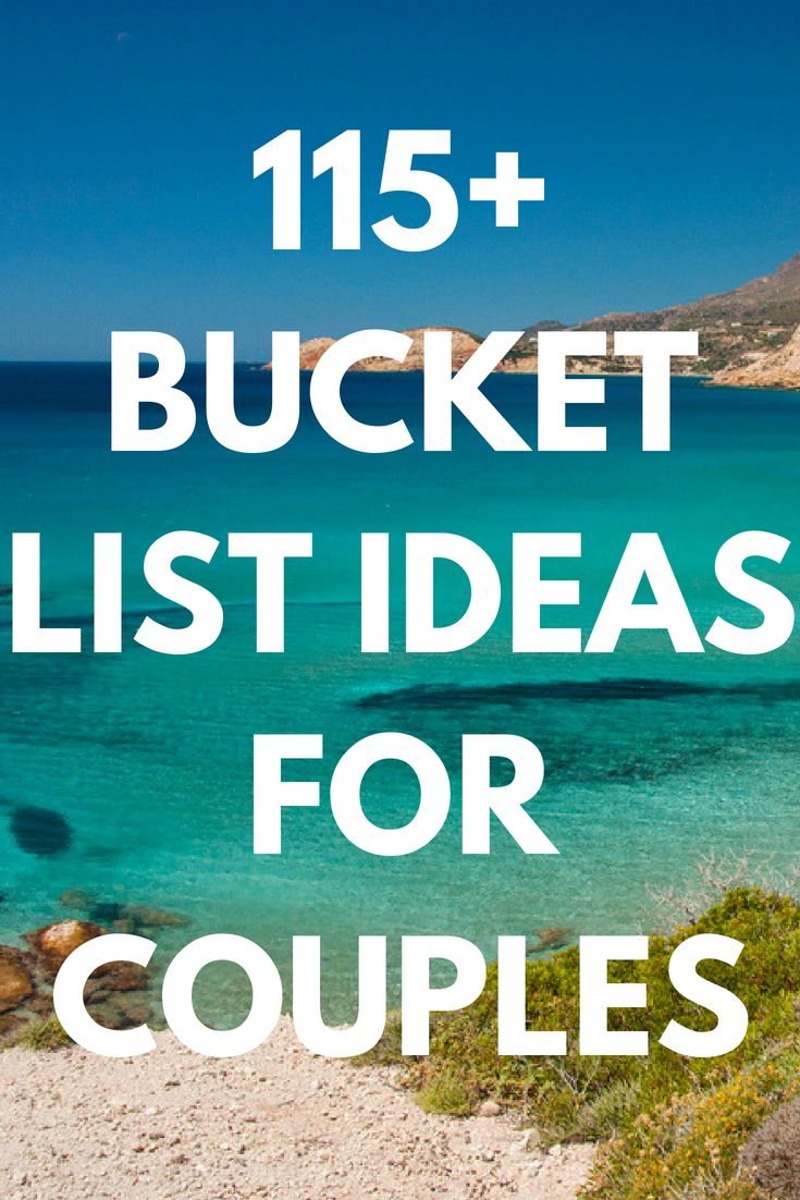 the words bucket list ideas for couples are in white letters on a blue ocean background