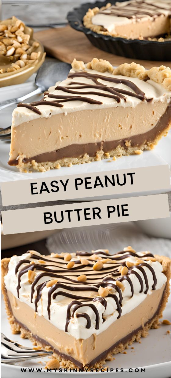 an easy peanut butter pie is shown with the title in the middle and bottom right corner