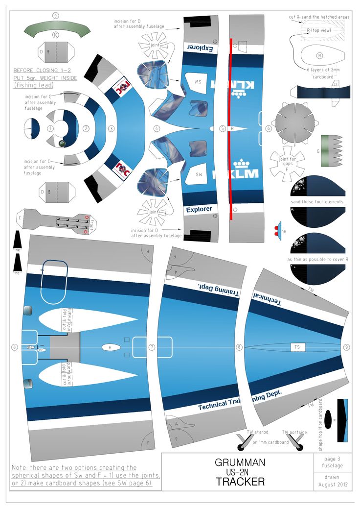 a paper model of a blue and white boat with information about the parts on it