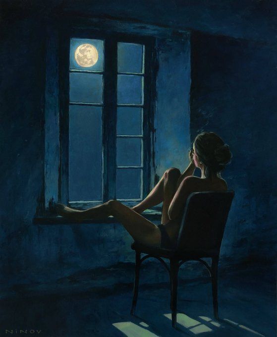 a painting of a woman sitting in a chair looking out the window at the moon