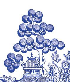 a blue and white drawing of a tree