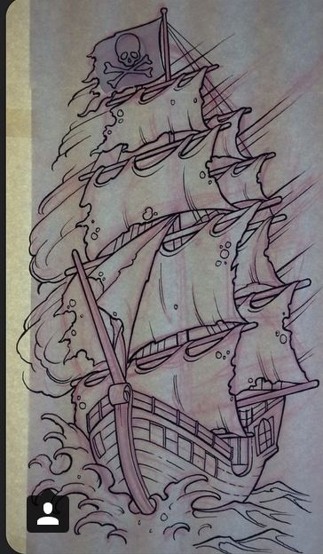 a drawing of a pirate ship in the ocean