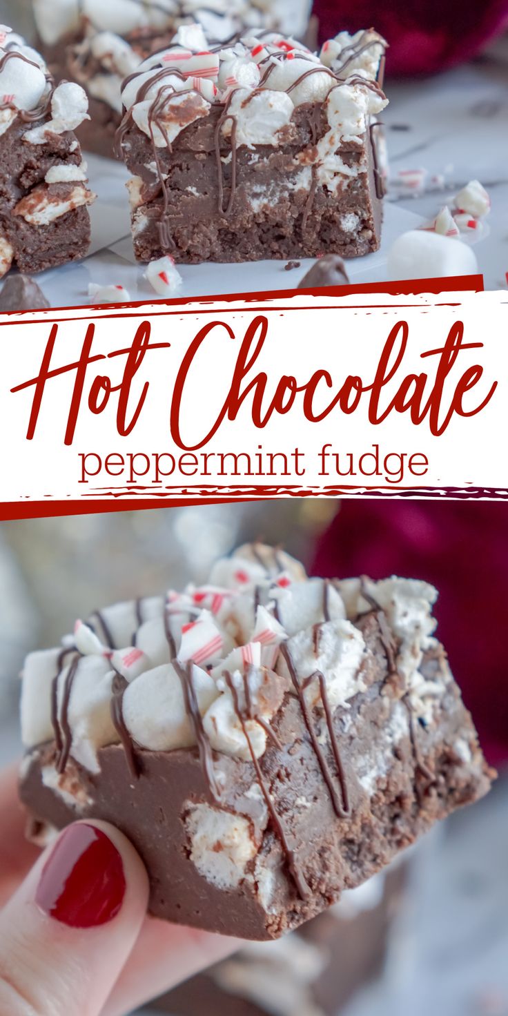 a hand holding a piece of hot chocolate peppermint fudge brownie with marshmallows on top